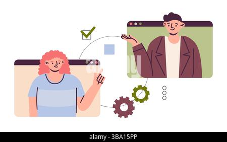 Online-Meeting. Business-Webkonferenz, Technologie für virtuelle Anrufe, Mann und Frau auf dem Computerbildschirm. Remote über Laptop, Webinar und Kommunikation. Stock Vektor