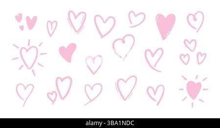 Handgezeichnetes Herz-Set. Sammlung von verschiedenen rosa Herzen Illustration, weißer Hintergrund Stock Vektor