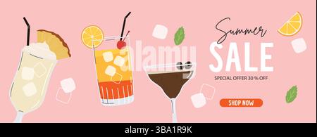 Sommer Sale abstrakter Hintergrund. Saison-Banner mit Cocktails und Zitrusfrüchten Illustration Stock Vektor
