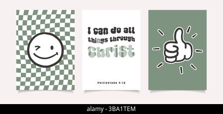 Coole Lächeln Poster Vektordesign. Trendiger Groovy-Hintergrund. Lustige Retro-Textur, 3er-Set Stock Vektor