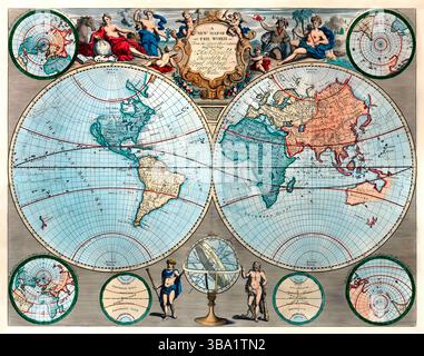 Vintage World Map – wunderschön gefertigte antike globale Kartographie mit komplizierter Geographie, künstlerischen Verzierungen und historischen Dekorationselementen Stockfoto