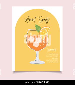 Plakat für Sommergetränke mit Cartoon-Wohnung. Aperol Spritz Cocktail Rezept Wandkunst. Trendiges Muster Stock Vektor