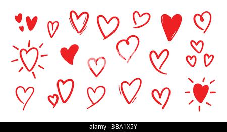 Handgezeichnetes Herz-Set. Sammlung von verschiedenen roten Herzen Illustration, weißer Hintergrund Stock Vektor
