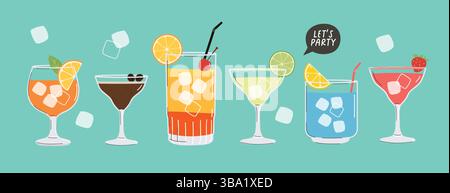 Sommer-Cocktails. Alkoholische Getränke in verschiedenen Gläsern. Illustration des Cocktailmenüs, Banner Stock Vektor