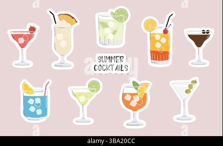 Sommer-Cocktails. Alkoholische Getränke in verschiedenen Gläsern. Illustration des Cocktailmenüs, Aufkleber Stock Vektor