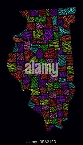 Illinois Word Cloud. Helles Neondesign auf dunklem Hintergrund. Textwolke für Bereichsnamen. Begrenzungsform mit administrativer Unterteilung. Stock Vektor