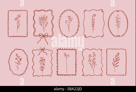 Handgezeichnete Vintage-Rahmen-Kollektion. Der Stil der Buntstifte ist skurril. Trendige Wandkunst, Wildblumen Stock Vektor