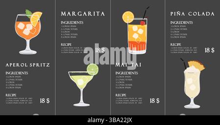Sommerrestaurant Cocktailkarte. Minimalistischer Stil in Schwarz. Illustration des Getränkesets der Saison Stock Vektor
