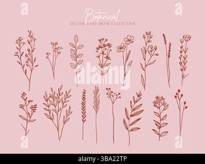 Set aus Blumen und Pflanzen, trendige botanische Elemente. Handgezeichnete Linie minimalistisches Set, rot Stock Vektor