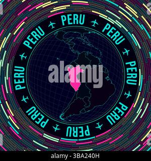 Peru auf der Welt. Satellitenansicht der Welt im Zentrum von Peru. Leuchtender Neonstil. Futuristischer Radialziegelhintergrund. Ansprechende Vektordarstellung. Stock Vektor