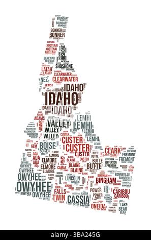 Idaho Word Cloud. Landesform mit Bezirkseinteilung. Bild im Typografie-Stil von Idaho. Bezirksnamen kennzeichnen Wolken. Vektorabbildung. Stock Vektor