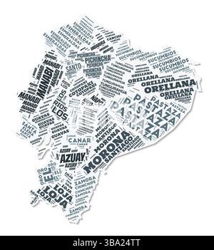 Ecuador Form Textwolke. Ländergrenze mit Schatten auf weißem Hintergrund. Ecuador mit regionaler Aufteilung im Vintage gazette Stil. Stock Vektor