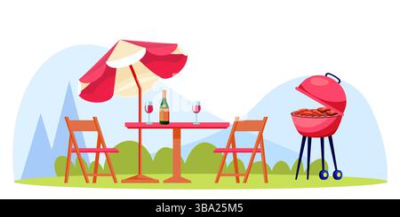 Sommer oder Frühling Picknick bbq Vektor flache Zeichentrickillustration. Roter Grill mit gebratenem Fleisch und Würstchen, Tisch mit Wein, Stühlen und Sonnenschirm auf Backya Stock Vektor