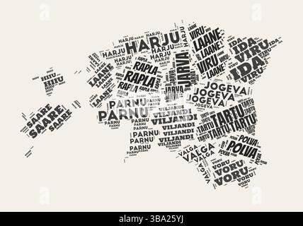 Estland Wortwolke. Land mit Geschäftsbereich Regionen. Estland typografischer Text Wolken Vektor-Bild Design. Landschaftbild im Vintage gazette-Stil. Stock Vektor
