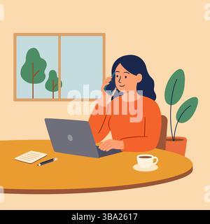 Remote-Work-Frau in flacher Illustration Stock Vektor