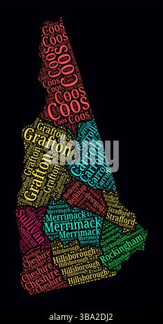 New Hampshire Word Cloud. Helles Neondesign auf dunklem Hintergrund. Textwolke für Bereichsnamen. Begrenzungsform mit administrativer Unterteilung. Stock Vektor
