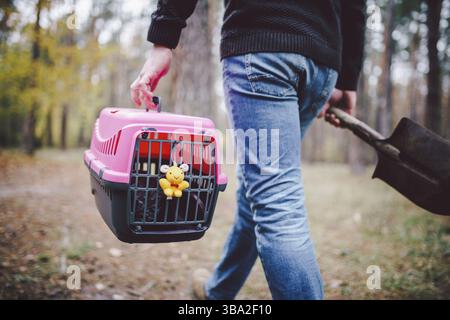 Thema ist der Tod des Haustieres. Rückansicht des Menschen, der auf dem Waldweg läuft und Schaufel in einer Hand zum Graben von Gräbern trägt, und in einer anderen Transportkiste mit einem Stockfoto