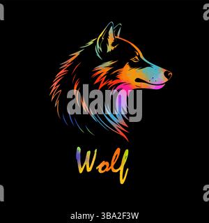 Farbiger Wolfskopf auf schwarzem Hintergrund. Handzeichnung. Nicht AI, Vektorillustration Stock Vektor