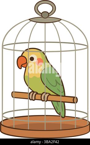 Niedlicher, farbenfroher Papagei in einem Käfig. Symbol für handgezeichnete flache Form. Perfekt für Kinderbücher, Websites, Tierpflege, Grußkarten, Tiergeschäfte, Aufkleber, digitaler Stempel, Vektorillustration Stock Vektor