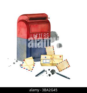 Mailbox rot mit blauer Farbe, Briefe, Paket, Schreibstift und Tintenflecken. Alle Objekte sind handbemalt mit Aquarellen. Für den Urlaub geeignet Stockfoto