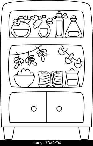 Vektor schwarz-weiß Feenschrank Clipart. Süßes Sideboard mit Mädchentränken, Pilzen, Zauberbuch. Kleiderschrank der Waldprinzessin mit Wäscheleine cli Stock Vektor