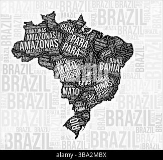 Brasilien staaten Map Word Cloud. Namen der Region Brasilien. Schwarz-weiß-Kartendesign. Künstlerische Vektorillustration. Stock Vektor
