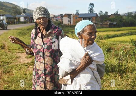 Manandoana, Madagaskar - 26. April 2019: Unbekannte ältere madagassische Frauen, die neben dem Reisfeld standen, wo sie an sonnigen Tagen arbeiteten. Menschen in diesem Teil Stockfoto
