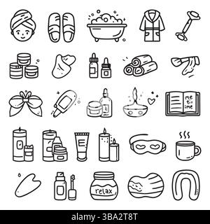 Entspannen Sie sich, Spa, Kerzen-Doodle-Set. Make-up, Schönheitspflege umreißen Ikonen. Naturkosmetik-, Spa- und Selbstpflegekonzept Stock Vektor