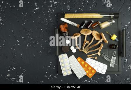 Frische Pilze, Gewürze und Medikamente auf einer schwarzen Tafel. Blick von oben. Kopierbereich Stockfoto