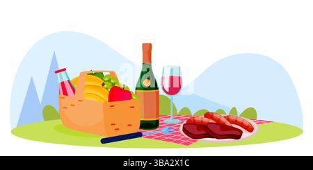 Picknick bbq Vektor flache Karikaturillustration. Korb mit Früchten, Weinflasche und Glas, gegrilltes Fleisch auf rotem Gingham-Karo. Sommer- oder Frühlingssonnenverkäufe im Freien Stock Vektor