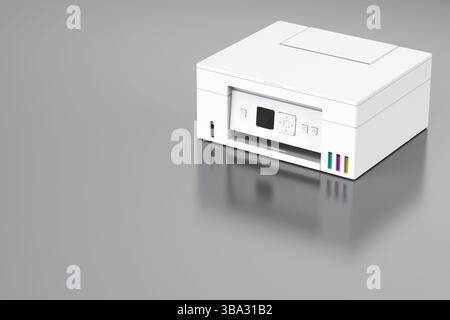 Moderner All-in-One-Farbdrucker auf glänzendem grauen Hintergrund Stockfoto