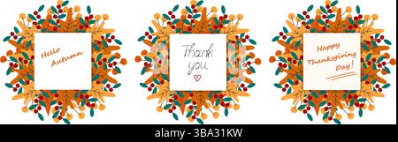 Hallo Autumn Danke und Happy Thanksgiving Day Schriftzug auf den Notizzeiten Herbstlaub Wreath Set. Isolierte Vektor-Illustration Gruß Thematische Karten Poster oder Web Promo Banner, Faltblatt, Etikett, Tag Stock Vektor