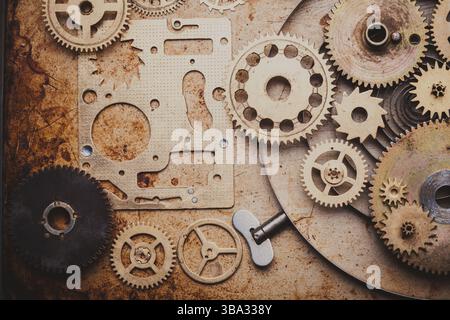 Steampunk-Hintergrund von mechanischen Uhren Details über alte Metall Hintergrund. Im Inneren der Uhr, Zahnräder Stockfoto
