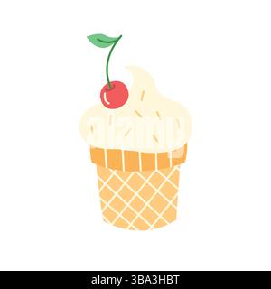 Süße, handgezeichnete Eiskegel mit Kirsche oben. Vektor-Illustration im Cartoon-Stil für Sommer, Kinder und Dessert-Motive. Stock Vektor