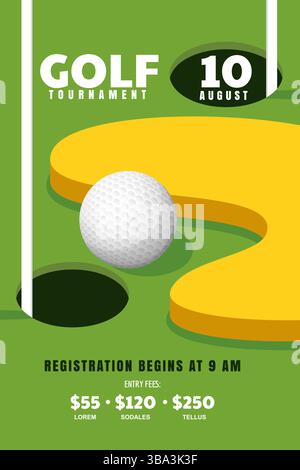 Design-Vorlage für Golfturniere, Poster, Tickets oder Banner. Vektor-3D-isometrische abgewickelte Abbildung. Grüner Golfplatz, Ball, Loch. Minimalistisches grünes La Stock Vektor