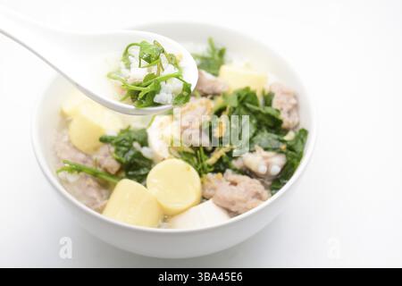 Gekochter Reis mit Schweinefleisch, Efeu-Kürbisblättern und weichem Tofu Stockfoto