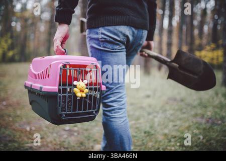 Thema ist der Tod des Haustieres. Rückansicht des Menschen, der auf dem Waldweg läuft und Schaufel in einer Hand zum Graben von Gräbern trägt, und in einer anderen Transportkiste mit einem Stockfoto