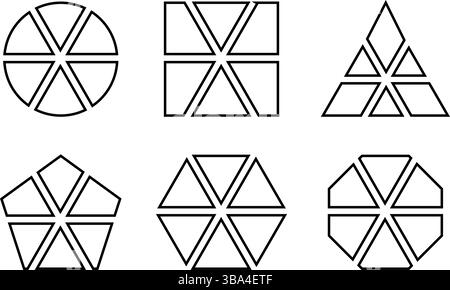 Geometrische Formen unterteilt in 6 Sektoren, isoliert auf weißem Hintergrund. Rund, quadratisch und dreieckig, fünfeckig, sechseckig und achteckig in sechs gleiche Teile geschnitten. Vektorkontur, Abbildung. Stock Vektor
