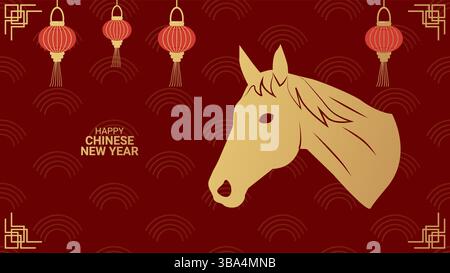 Jahr Pferd Happy chinese New Year 2026...Silhouette Gold Pferd auf rotem Hintergrund Banner. Vektor... Stock Vektor