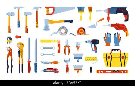 Bauwerkzeuge Baumaschinen Set Cartoon Illustration. Hardware für Reparaturarbeiten Service Bauindustrie Sammlung. Hammeraxt Werkzeuge für Hausreparaturen Werkzeugkasten Satz flach isolierter Vektor Stock Vektor