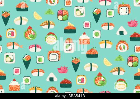 Nahtloses Sushi-Zeichentrickmuster. Traditionelles asiatisches japanisches Essen grenzenloser Hintergrund. Verschiedene Arten Sushi Meeresfrüchte endlose Vektor Design für Papier Druck Stoff Textil Wrapper Hintergrund Vorlage Stock Vektor
