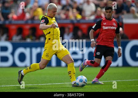 Leverkusen, Deutschland. Mai 2025. Piero Hincapie (R) von Bayer 04 Leverkusen streitet mit Julian Ryerson von Borussia Dortmund während des ersten Liga-Fußballspiels zwischen Bayer 04 Leverkusen und Borussia Dortmund am 11. Mai 2025 in Leverkusen. Quelle: Ulrich Hufnagel/Xinhua/Alamy Live News Stockfoto