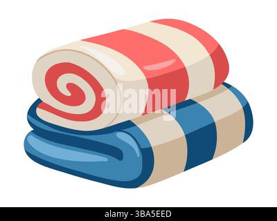 Weiche rot-blau gestreifte Handtücher, die sich zusammengerollt haben. Strand, SPA und Badausstattung. Zeichentrickvektor-Illustration auf weißem Hintergrund. Stock Vektor