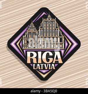 Vektor-Logo für Riga, dunkles Rautenschild mit Umrissdarstellung des berühmten Hauses der Mitesser in riga auf Hintergrund des Dämmerungshimmels, dekorativ Stock Vektor