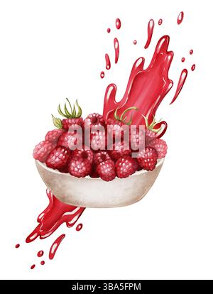 Himbeerschale mit roter Saftspritzer Aquarellillustration auf weißem Hintergrund. Perfekt für Verpackungsdesign, Rezeptbücher, Etiketten für natürliche Produkte, Sommerkarten und umweltfreundliche Branding-Projekte. Stockfoto