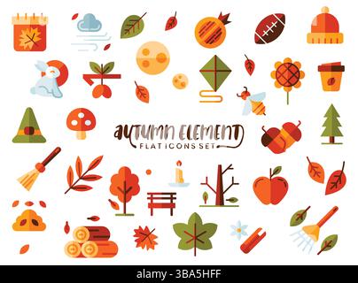 Set mit flachen Symbolen für die Herbstsaison. Die Elementsammlungen können für Post in sozialen Medien, Webdesign-App und vieles mehr verwendet werden. Stock Vektor