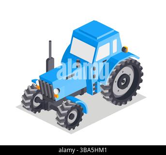 Isometrischer Traktor isoliert auf weißem Hintergrund. Vektorabbildung. Blaue Kabine. Großer schwerer, moderner landwirtschaftlicher Traktor für die Feldarbeit. Stock Vektor
