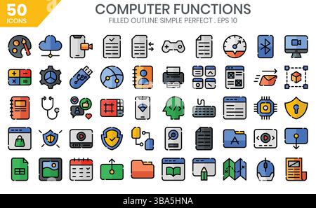 Computerfunktionen gefüllt mit Symbolen. Die Sammlung umfasst Geschäftsentwicklungen, Programmierung, Web-Design, App-Design und vieles mehr. Stock Vektor