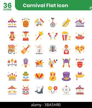 Karnevalssymbole im Paket. Flache Symbolart.Vektorillustration. Stock Vektor