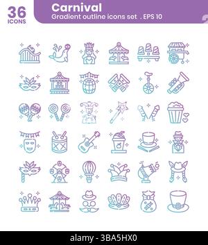 Karnevalssymbole im Paket. Verlaufskontur Symbolstil.Vektorillustration. Stock Vektor